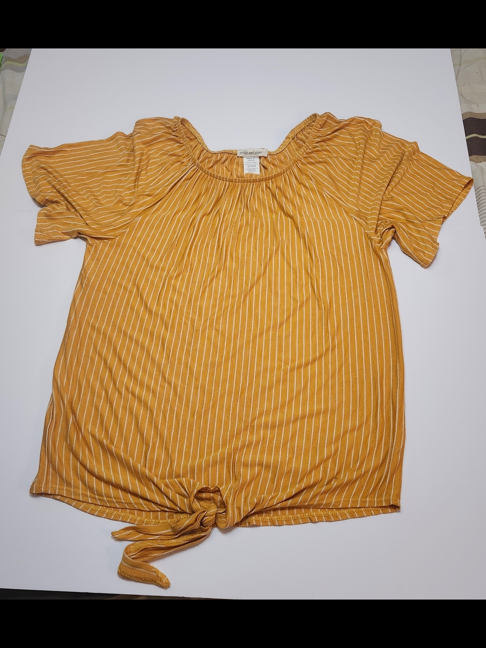 pebble and stone Mustard Yellow White Stripe Tie-Front Short Sleeve Top - Size L